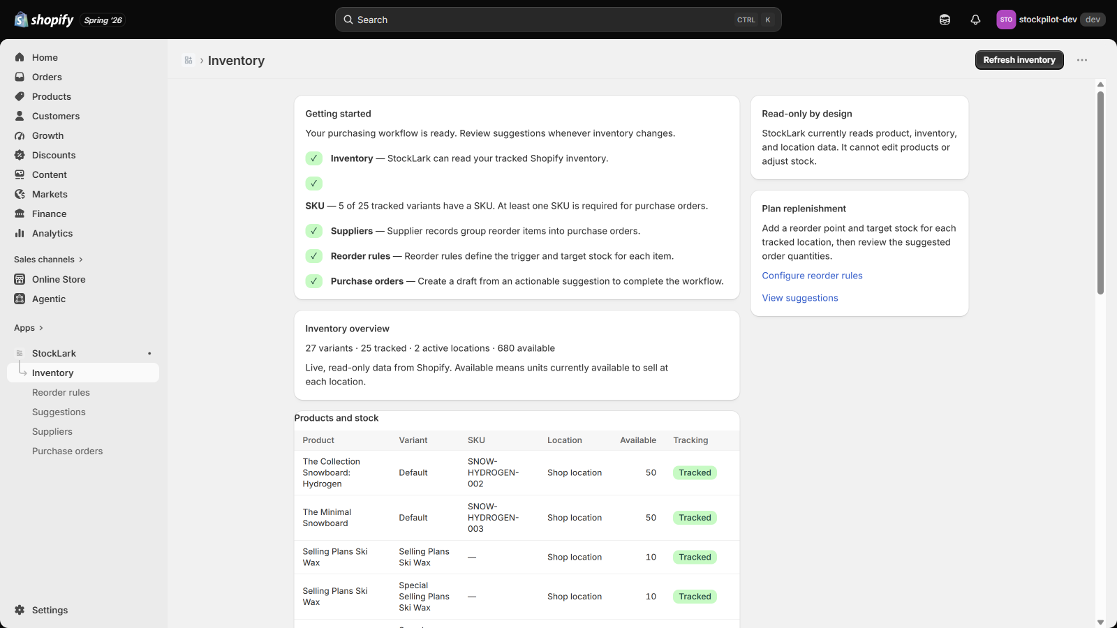 StockLark inventory overview inside Shopify admin